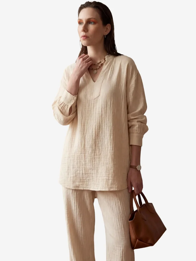ماي فاشن MY FASHION V-Neck Blouse & Wide Leg Pants Muslin Two-Piece Set
